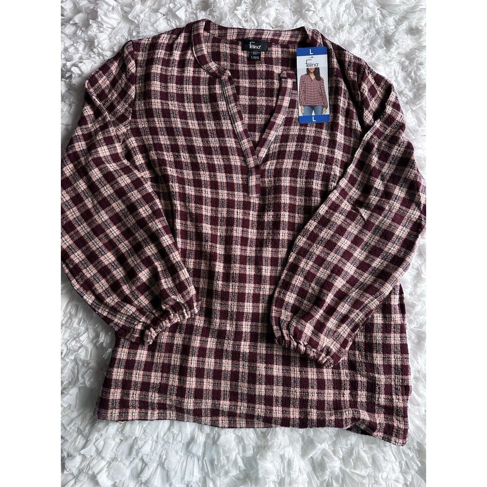 NWT Felina Women’s L Burgundy Pink Plaid Split Neck Long Sleeve Blouse Top